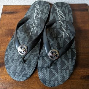 NWOT Michael Kors - Black & Gray Logo Flip Flops with MK Medallion - Women's 9